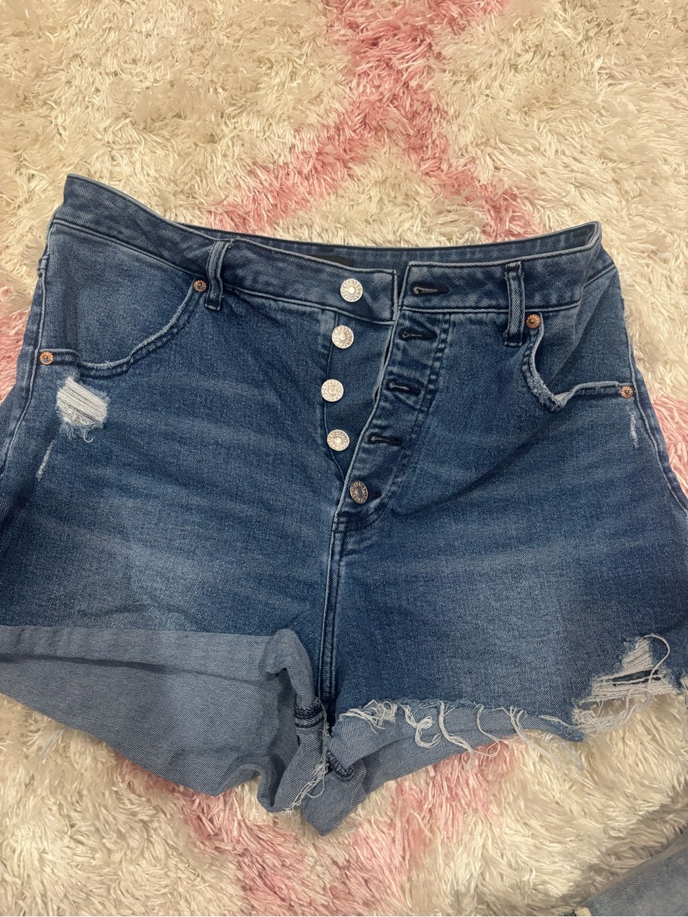 Express button down High-Rise Distressed Denim Shorts - Blue